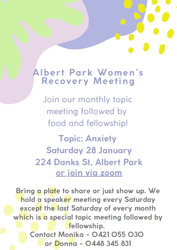 Albert Park Women's Recovery Meeting - Anxiety @ Mary Kehoe Community Centre | Albert Park | Victoria | Australia