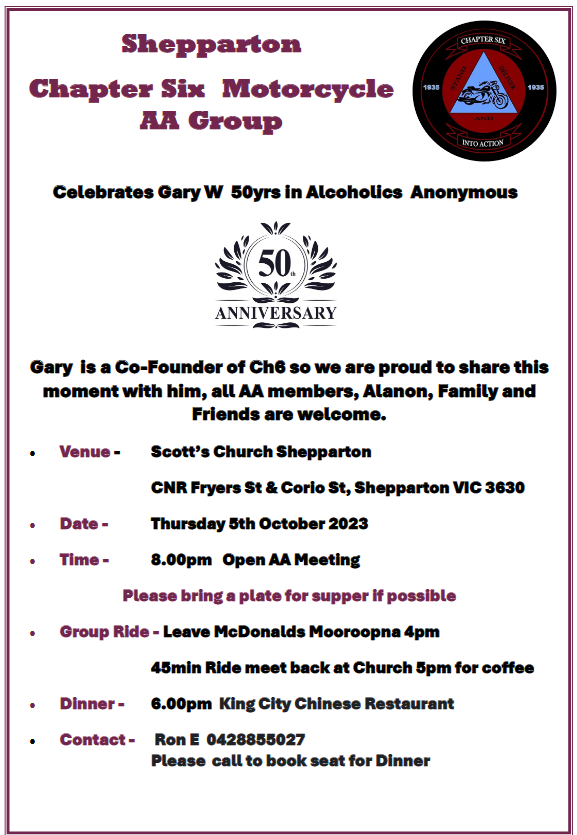 Chapter 6 Motorcycle AA Group - Gary W 50th AA Anniversary (Group ride first, see flyer) @ Scott's Church Shepparton | Shepparton | Victoria | Australia